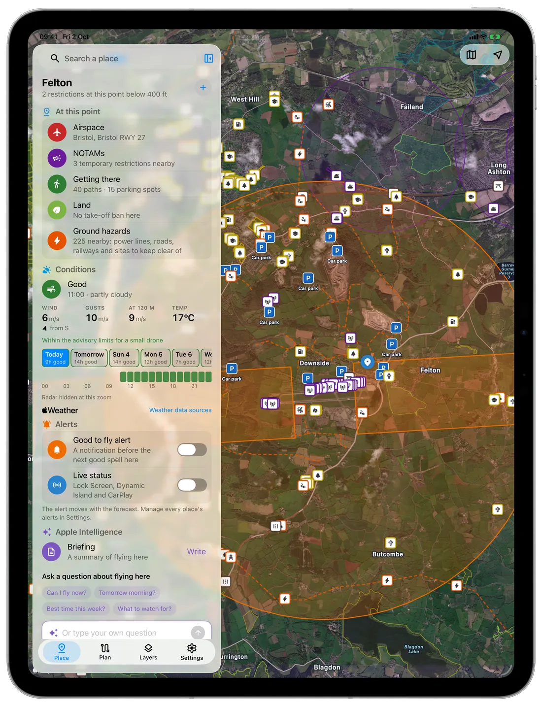 The place card on an iPad Pro: Felton, beside Bristol Airport, inside the airport's flight restriction zone