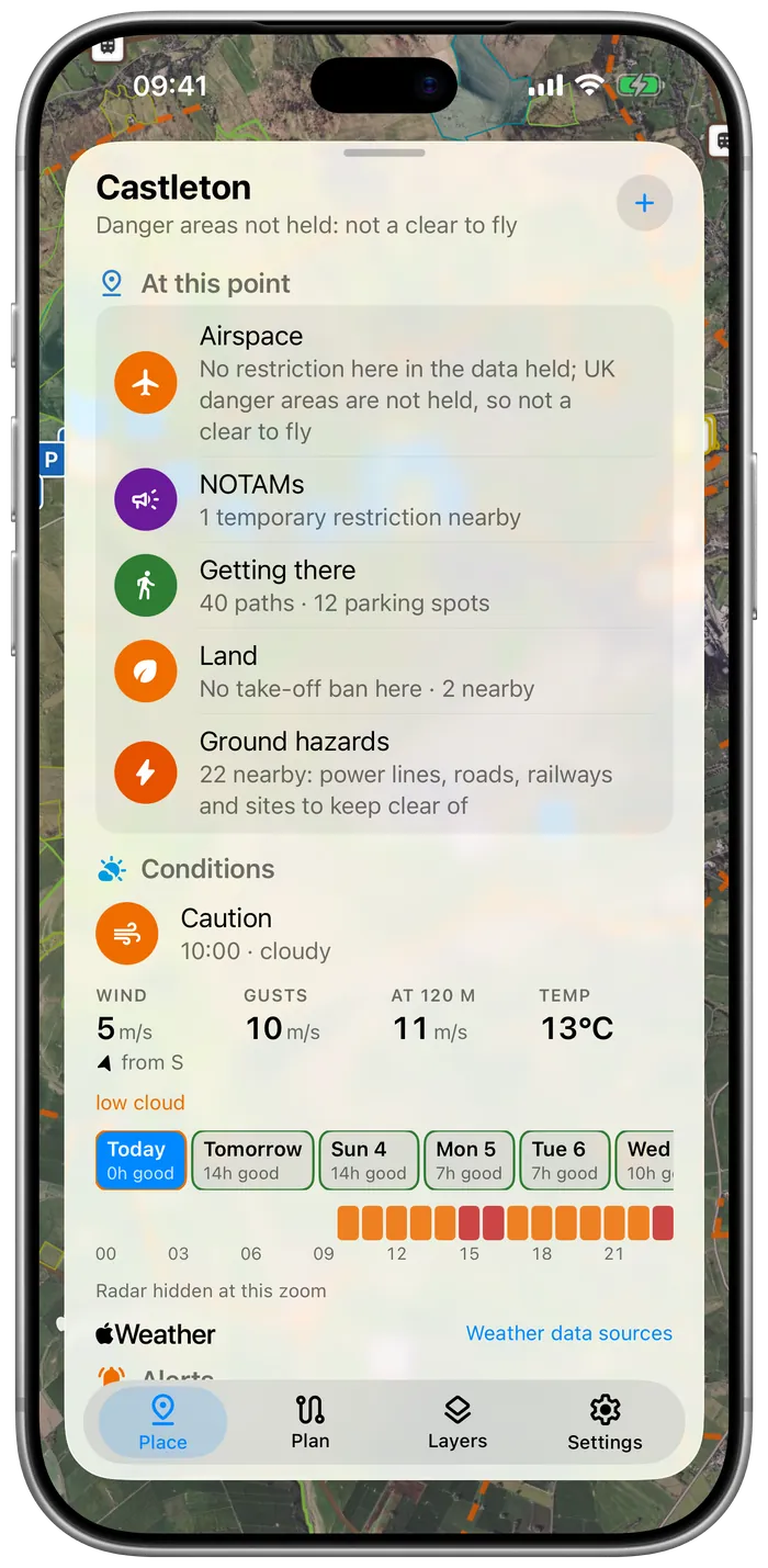 The place card for Castleton in the Peak District on an iPhone, over the satellite map