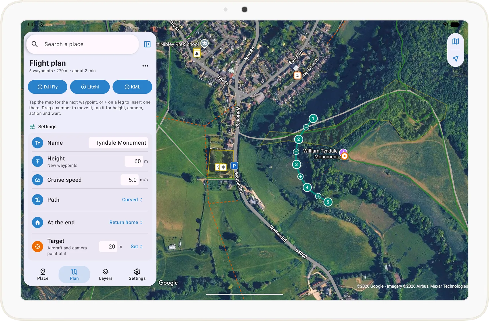 The flight planner on a Pixel Tablet: five waypoints curving below the Tyndale Monument on satellite, the plan in the sidebar