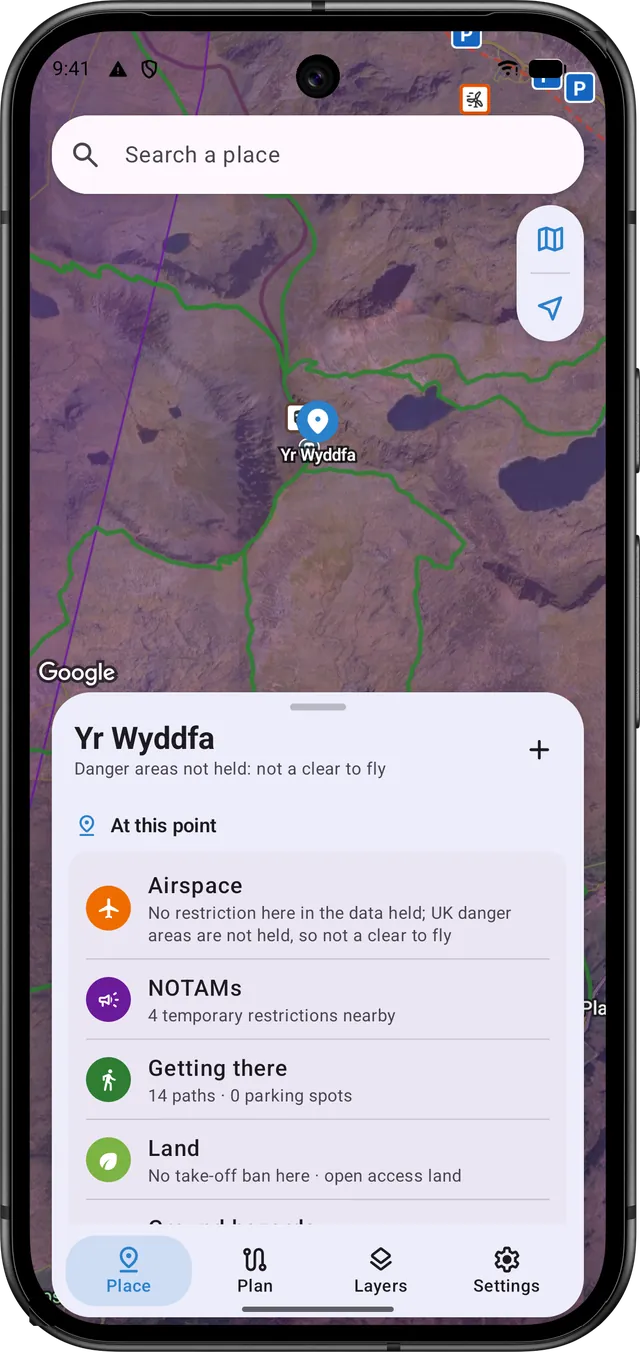 The place card for Yr Wyddfa on a Pixel phone, over the satellite map