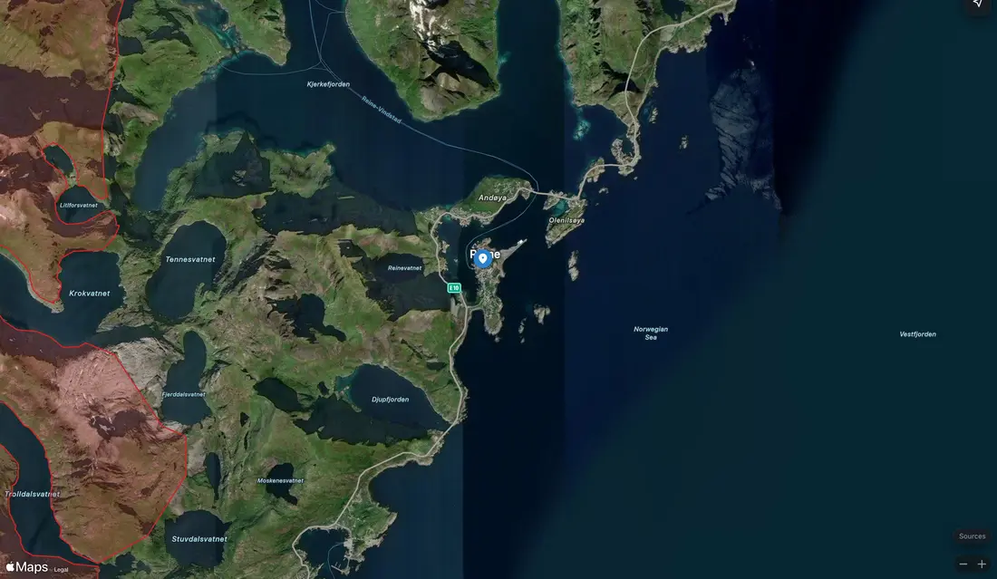 Satellite view of Reine in Lofoten with the national park boundary